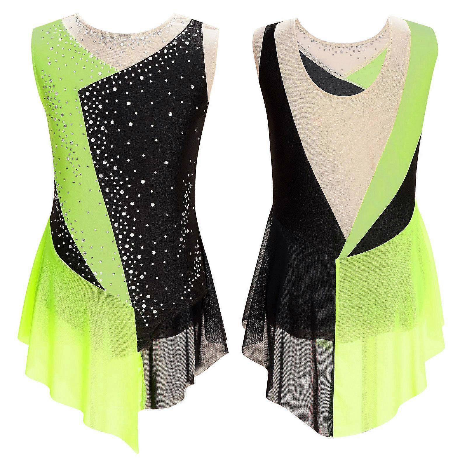 Kids Girls Sleeveless Shiny Rhinestone Decor Color Block Gymnastics Dance Skating Leotard