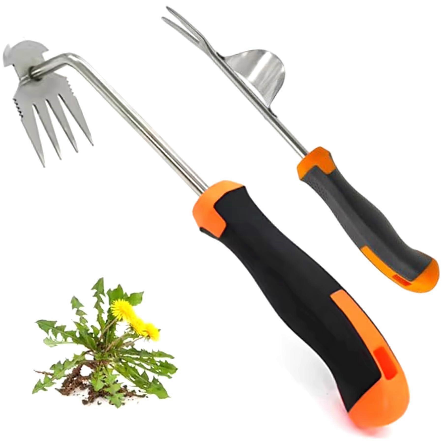 2pcs Stainless Steel Weeding Tool Set, Rake & Fork Style, Ergonomic Non-Slip Rubber Handle, Garden Weed Remover