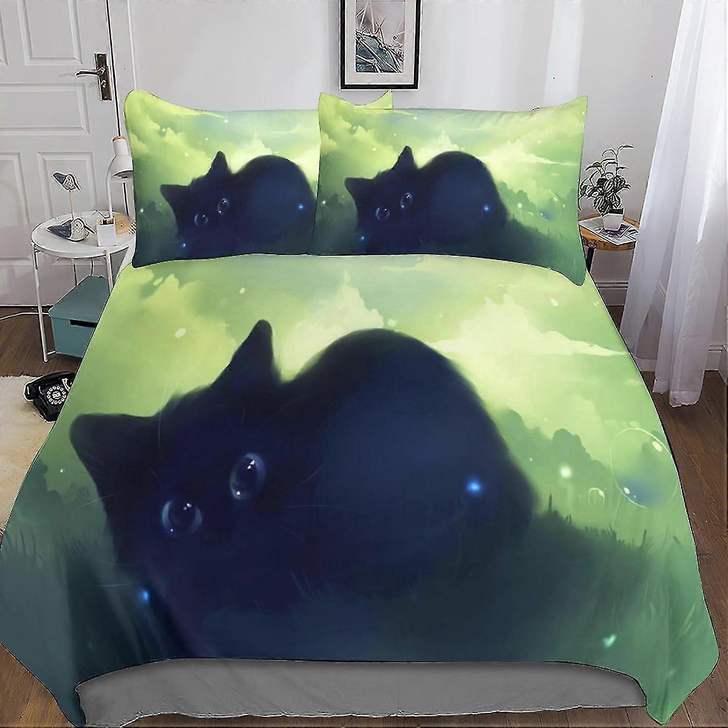 Cartoon Cat Duvet Cover Set 3D Bedding Soft Microfiber Comforter Cover 3-Piece Bedding Set for Kids and Teens