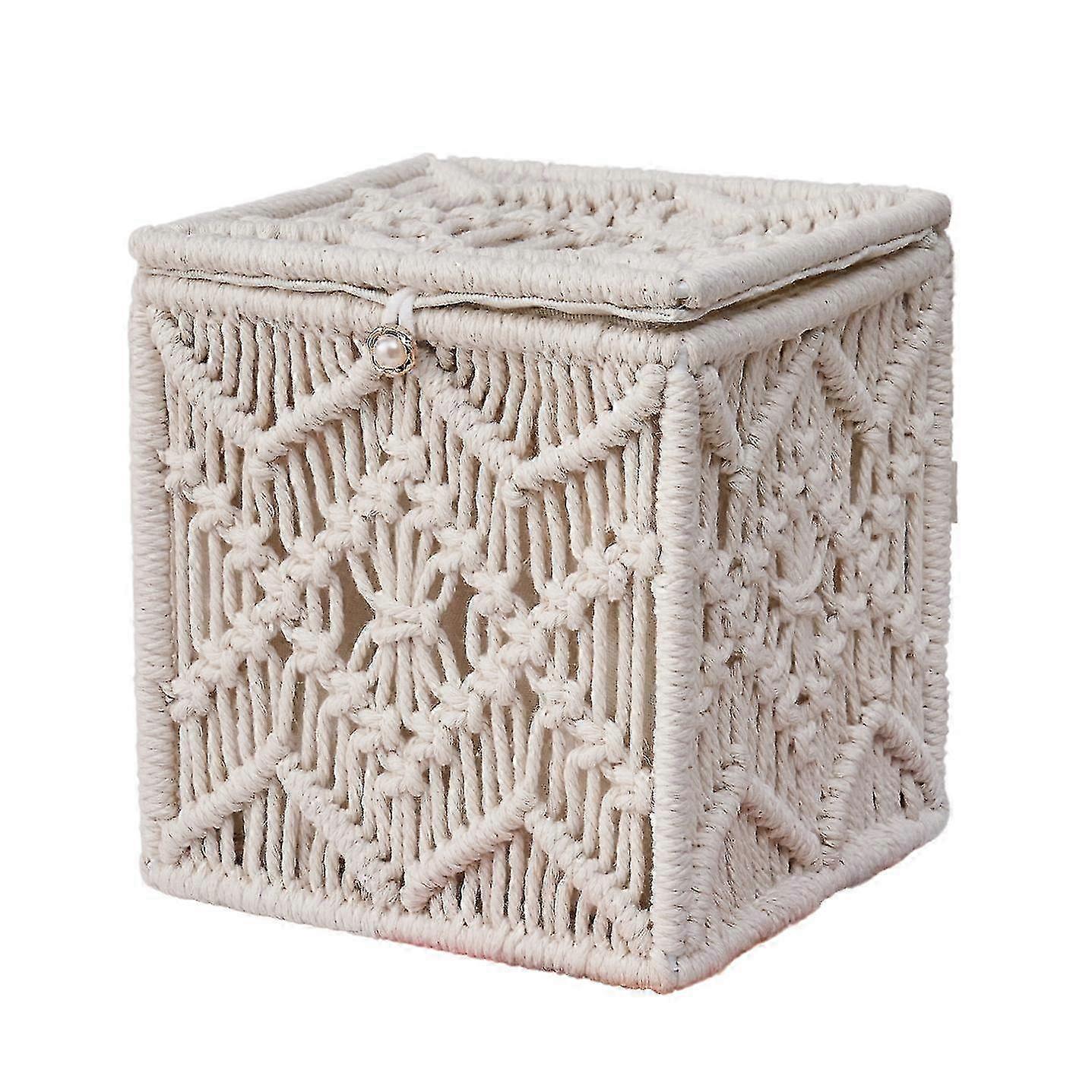 Boho Style Square Tissue Box Cover with Bead Buckle for Tissue Organizer