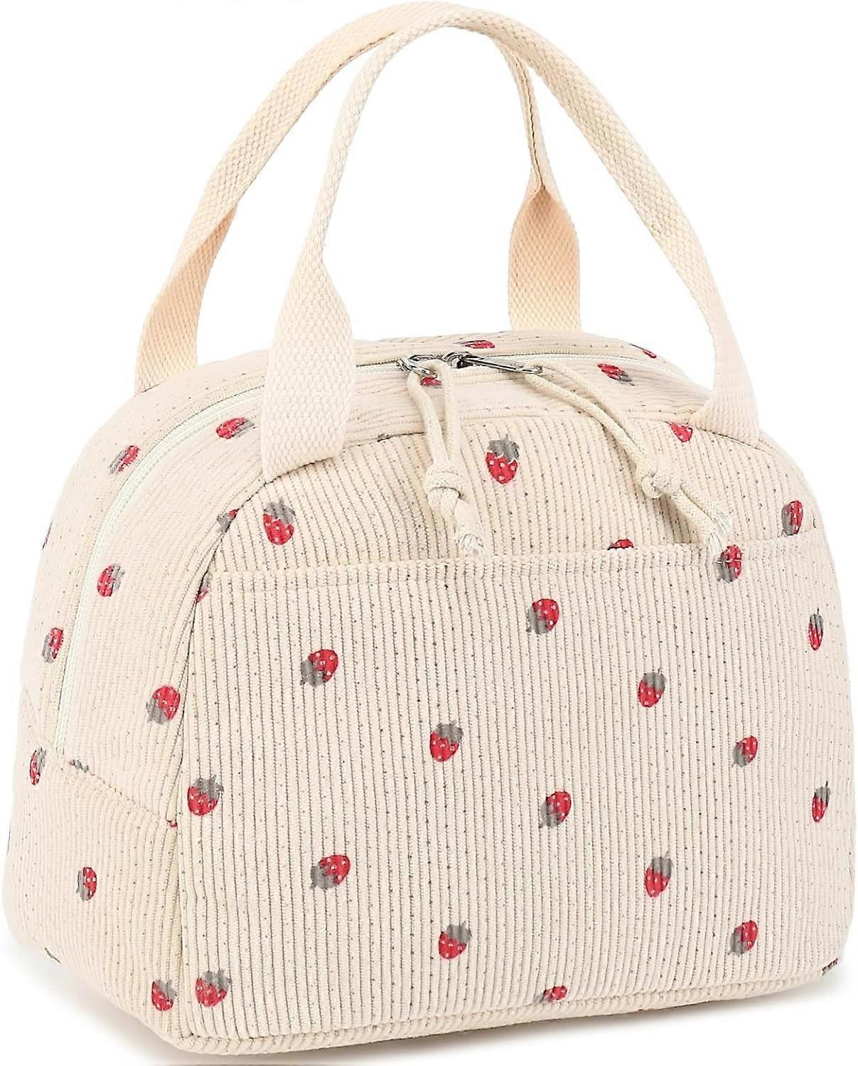Corduroy Strawberry Beige Insulated Lunch Bag - Reusable Tote with Large Capacity for Men & Women, Ideal for Work, Picnic, Travel