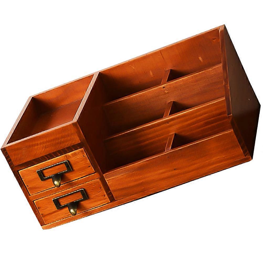 Light Brown Wooden Desktop Organizer MultiFunctional Storage Container for Home Office Size 11.8 x 4.7 x 5.3 Inches