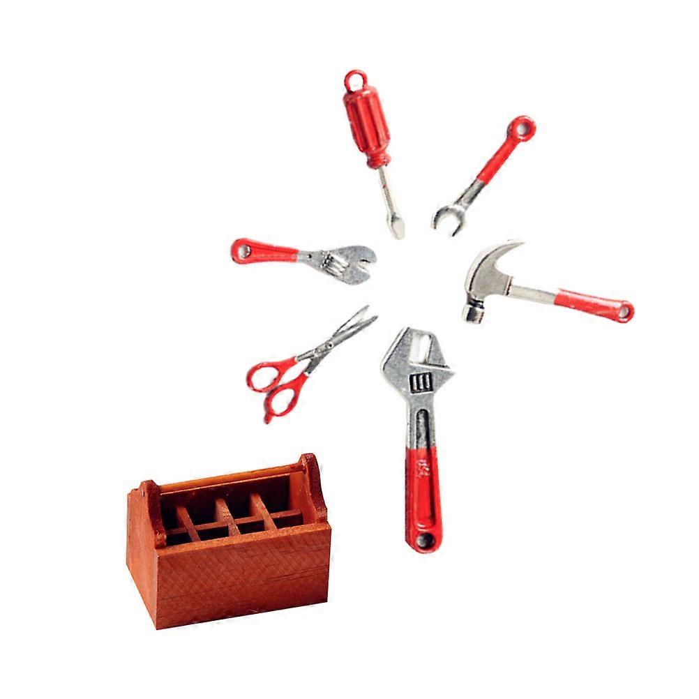 Mini Toolbox Accessories Set Dark Red Alloy Tool Box Ornaments for Kids Doll House Decor 7 Pcs