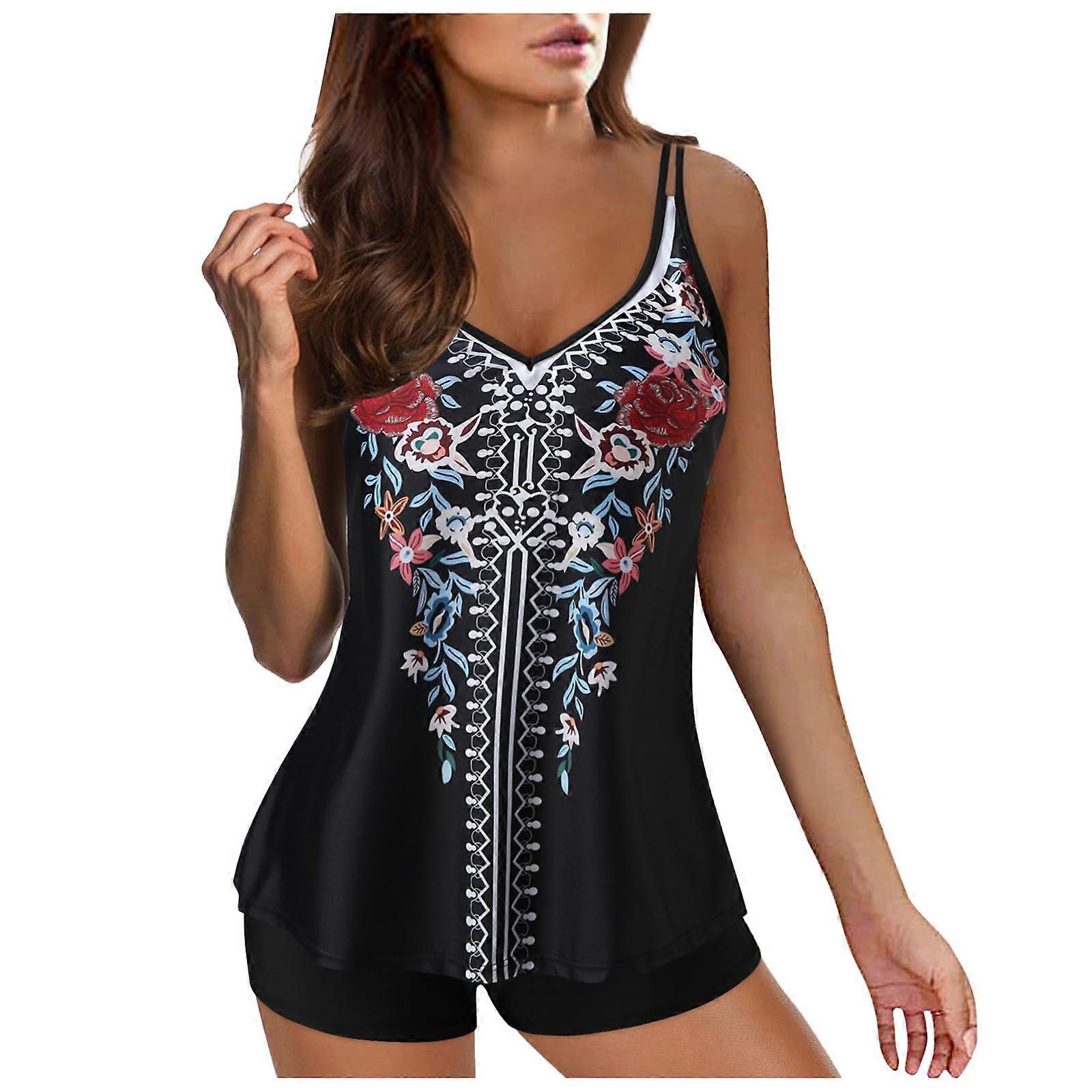 Bikini Sets for Women Tummy Control Tankini Set 2024 Push Up Two Piece Swimsuit with Shorts Large Size O Red L