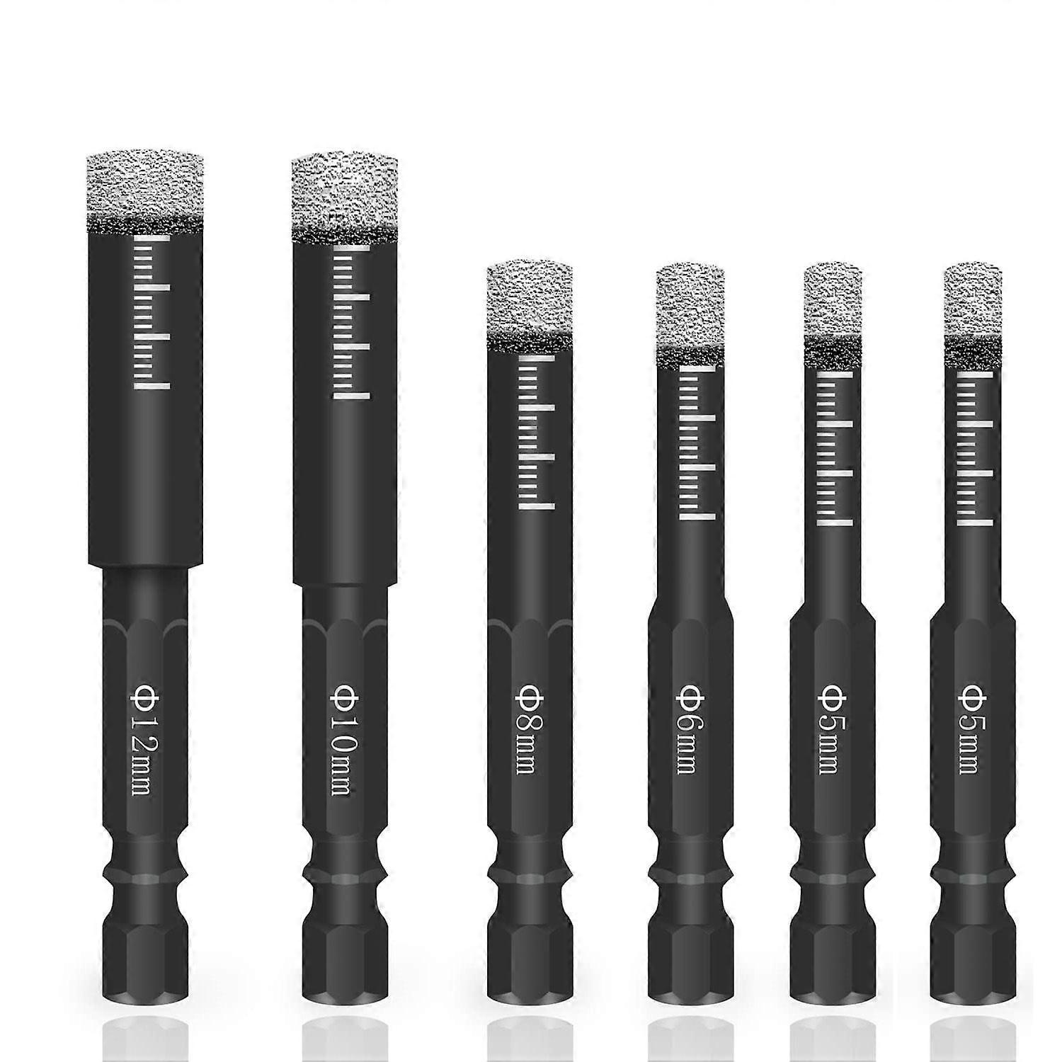 6Pc Black Dry Diamond Drill Set for Granite Ceramic Marble Tile Stone Glass Hard Materials 5/6/8/10