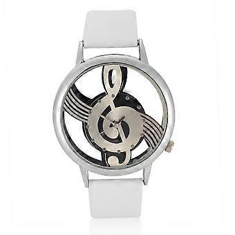 Quartz Analog Couple Watch Round Hollow Musical Note Dial PU Strap Wristwatch (White Strap)
