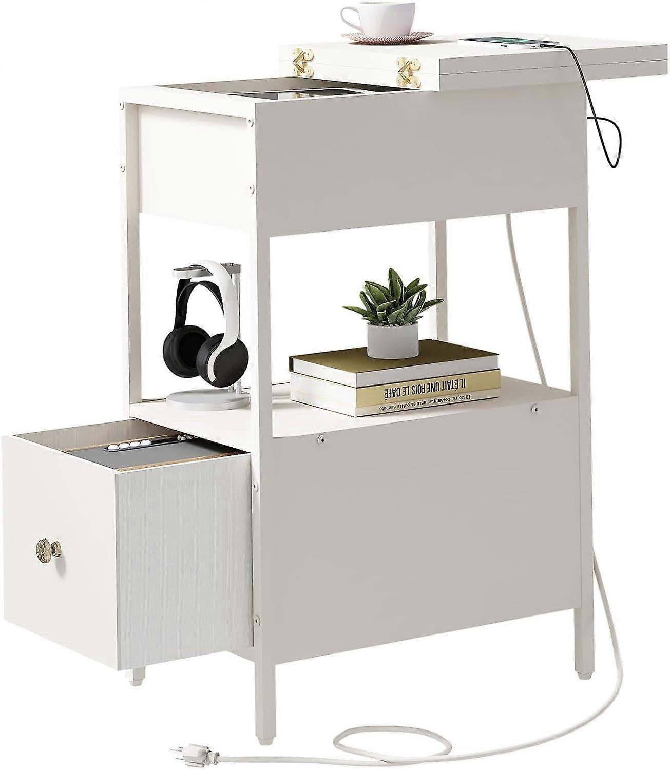 End Table with Charging Station, Narrow Side Table with Flip Top & Drawer, Compatible with Small Spaces, White