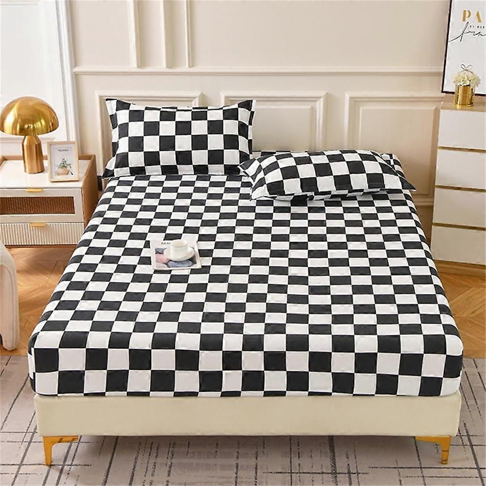 Double Single Fitted Sheets Checkered Texture Soft Microfibre 25cm Deep Pocket AntiSlip Black 120x200+25cm