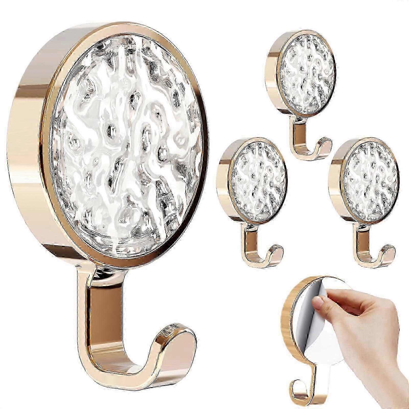 Gold Adhesive Wall Hooks, 4 Pack, 360掳 Rotating, Ripple Design, No Damage, for Keys, Bags, Towels, Clothes