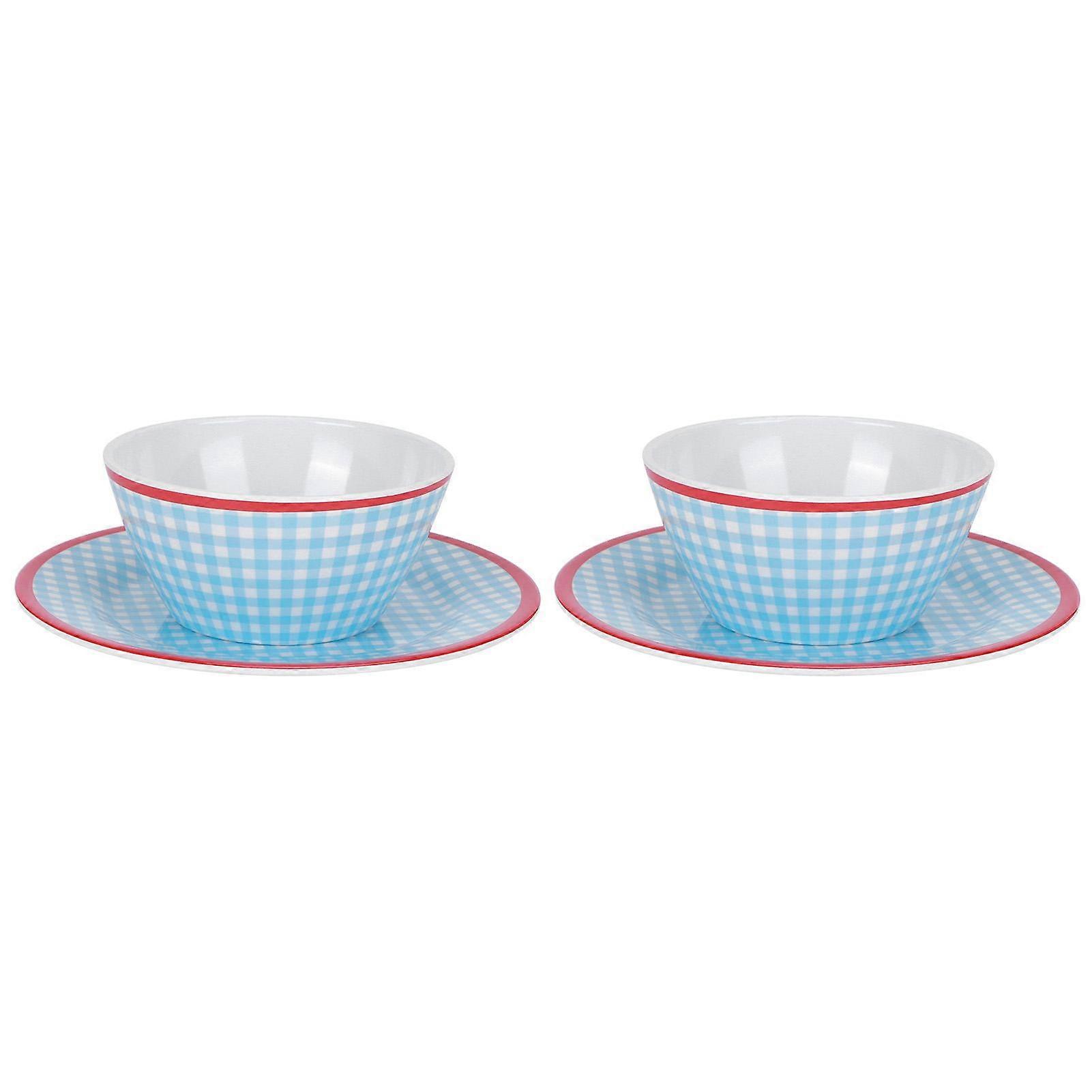 4Pcs/Set Salad Bowl Dish Light Blue Grid Pattern Imitation Porcelain Snack Plate Tableware