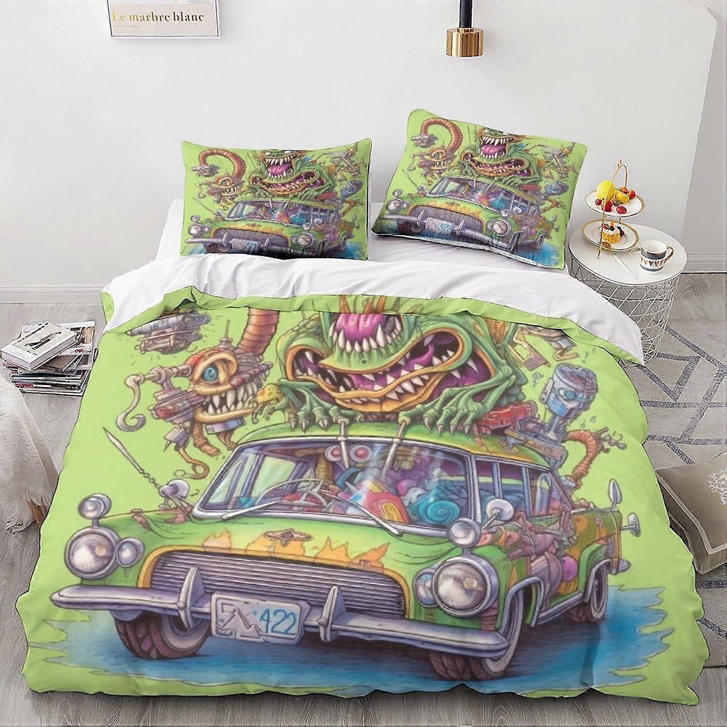 LikeEj monstro jogo de cama, 3D vintage carro colcha de edredom cobrir conjuntos, desenhos animados capa de cama macia, vintage carro edredom conjunto com zíper duplo