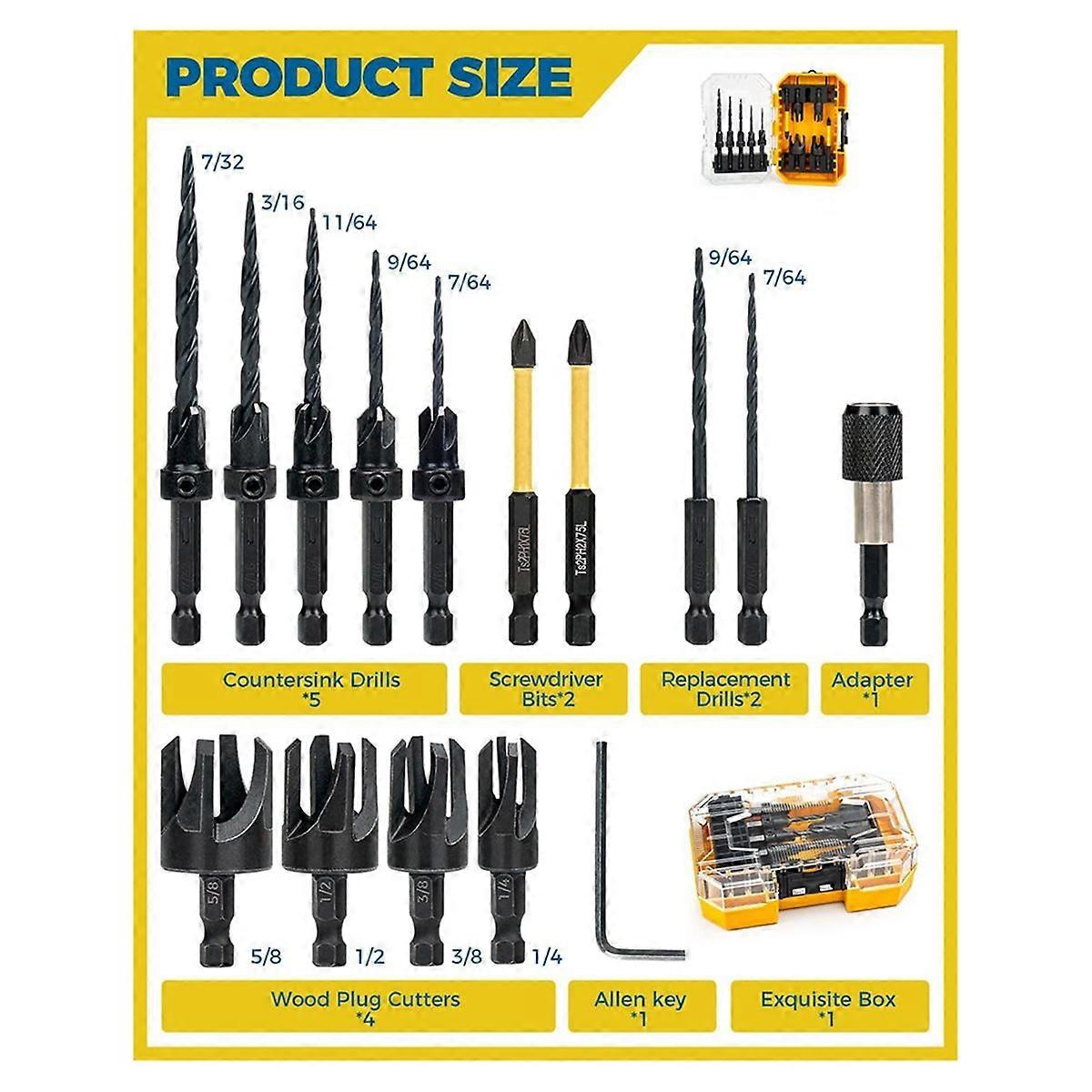 16PCS Countersink Drill Bit Set for Woodworking with Storage Box, Adjustable Depth & Hex Shank