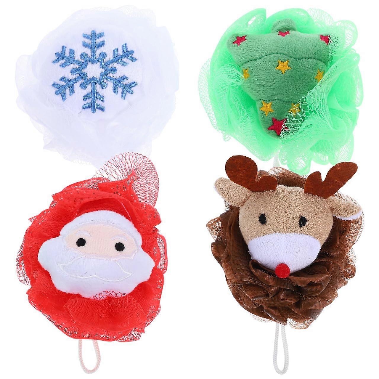 Christmas Bath Sponge Set of 4 with Santa Snowflake Tree Reindeer Mesh Loofah for Holiday Shower Decor