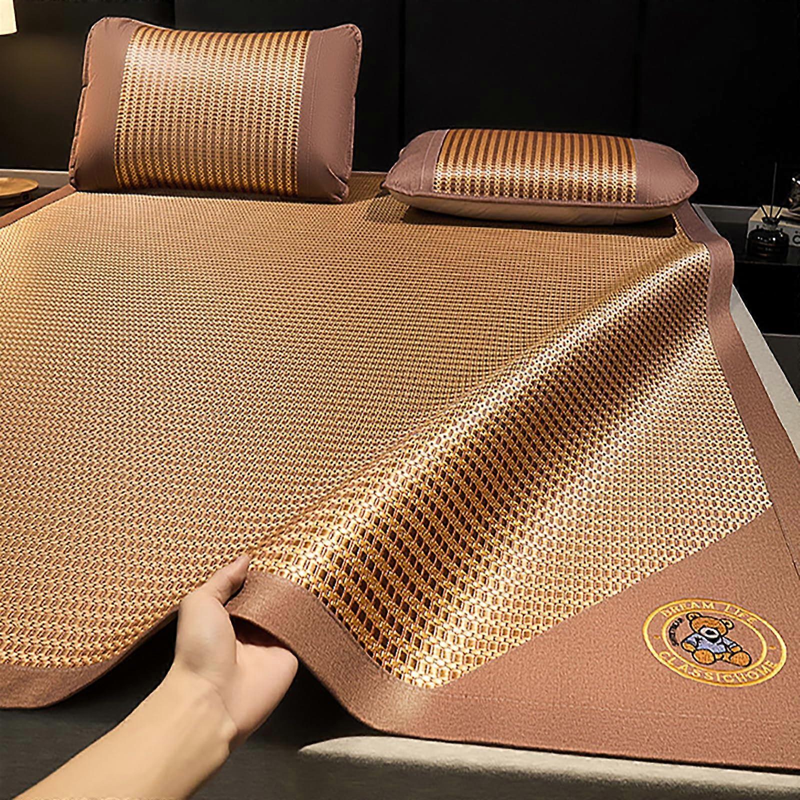 Cooling Sleeping Mat with Pillowcase, DualSided Rattan and Ice Silk Bed Mat 150x200cm Brown