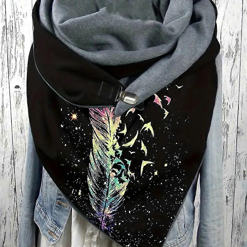 Unique feather pattern triangular scarf, thick fleece lining, soft and warm, buckle shawl, autumn and winter cold protection scarf