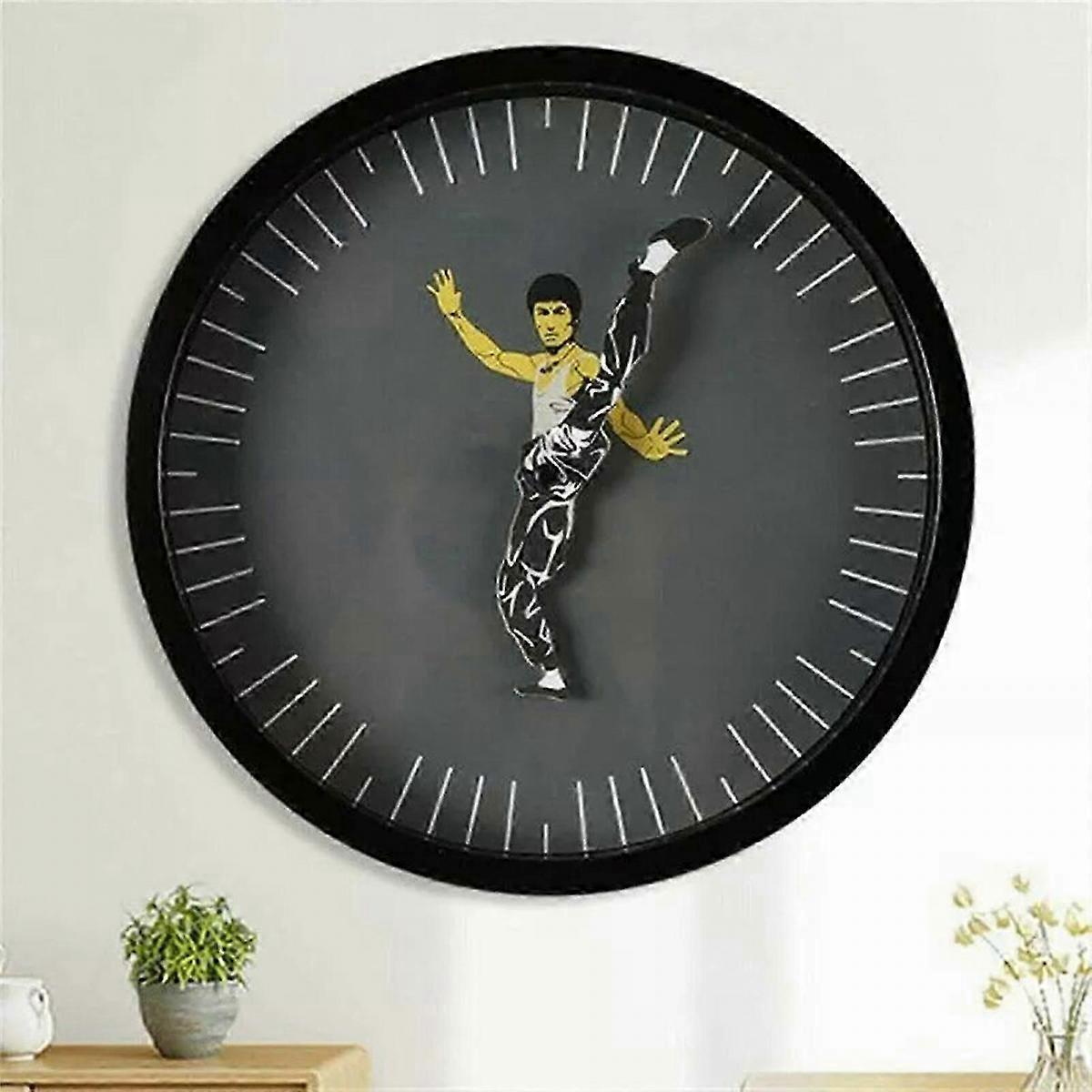 Black Round Bruce Lee Kung Fu Clock Silent Movement Decor