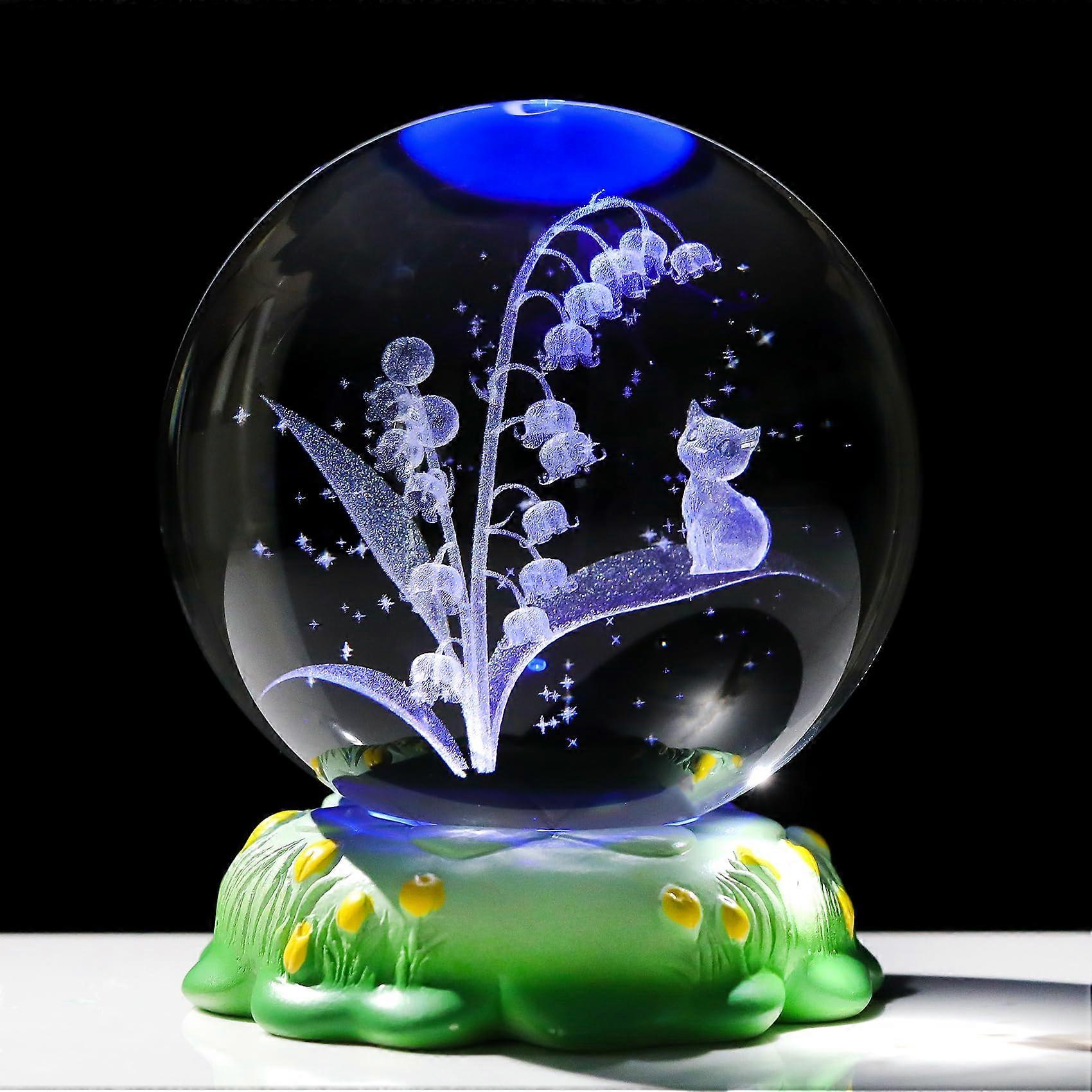 Crystal Ball with LED Light, 3D Engraved Cat and Lily of the Valley, Gift Boxed 3.15 Inch Keepsake