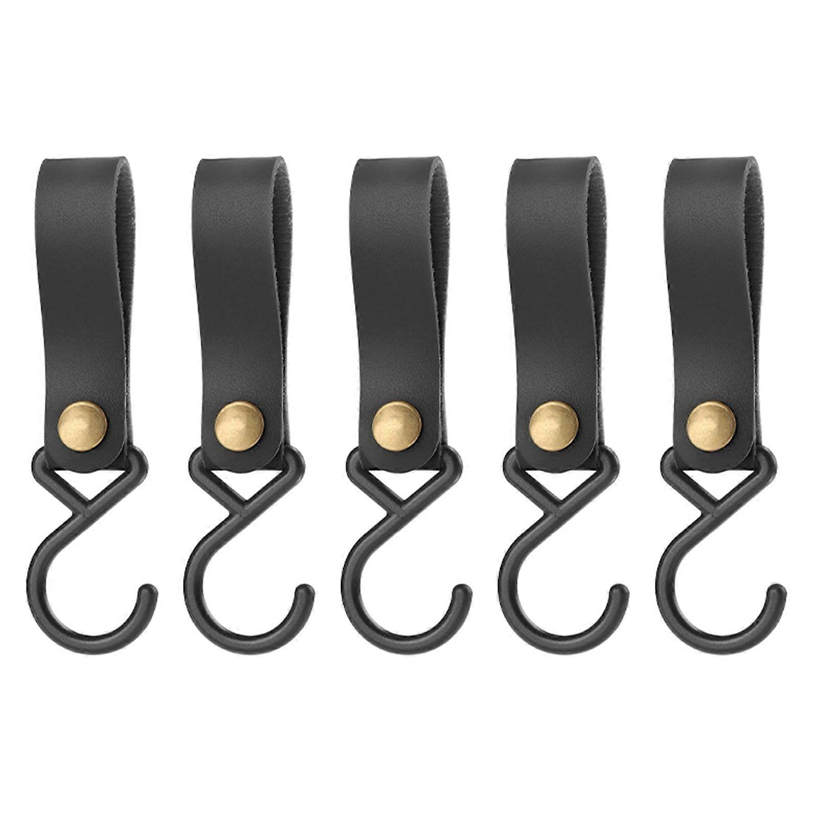 5PCS PU Leather S Shape Hanging Strap Hooks for Outdoor Camping Gear Storage Black