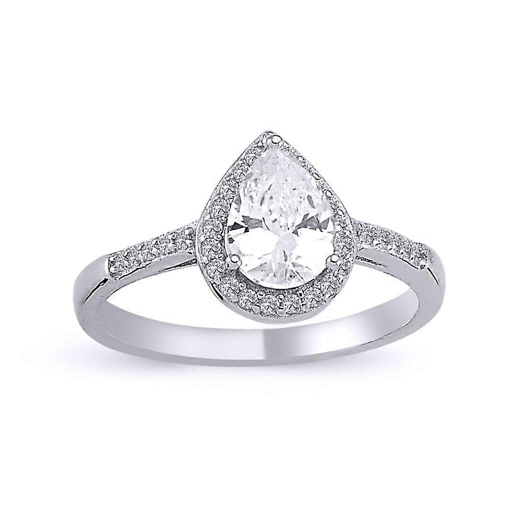 Jewelco London Ladies Rhodium Plated Sterling Silver Round & Pear CZ Shoulder-set Halo Solitaire Engagement Ring