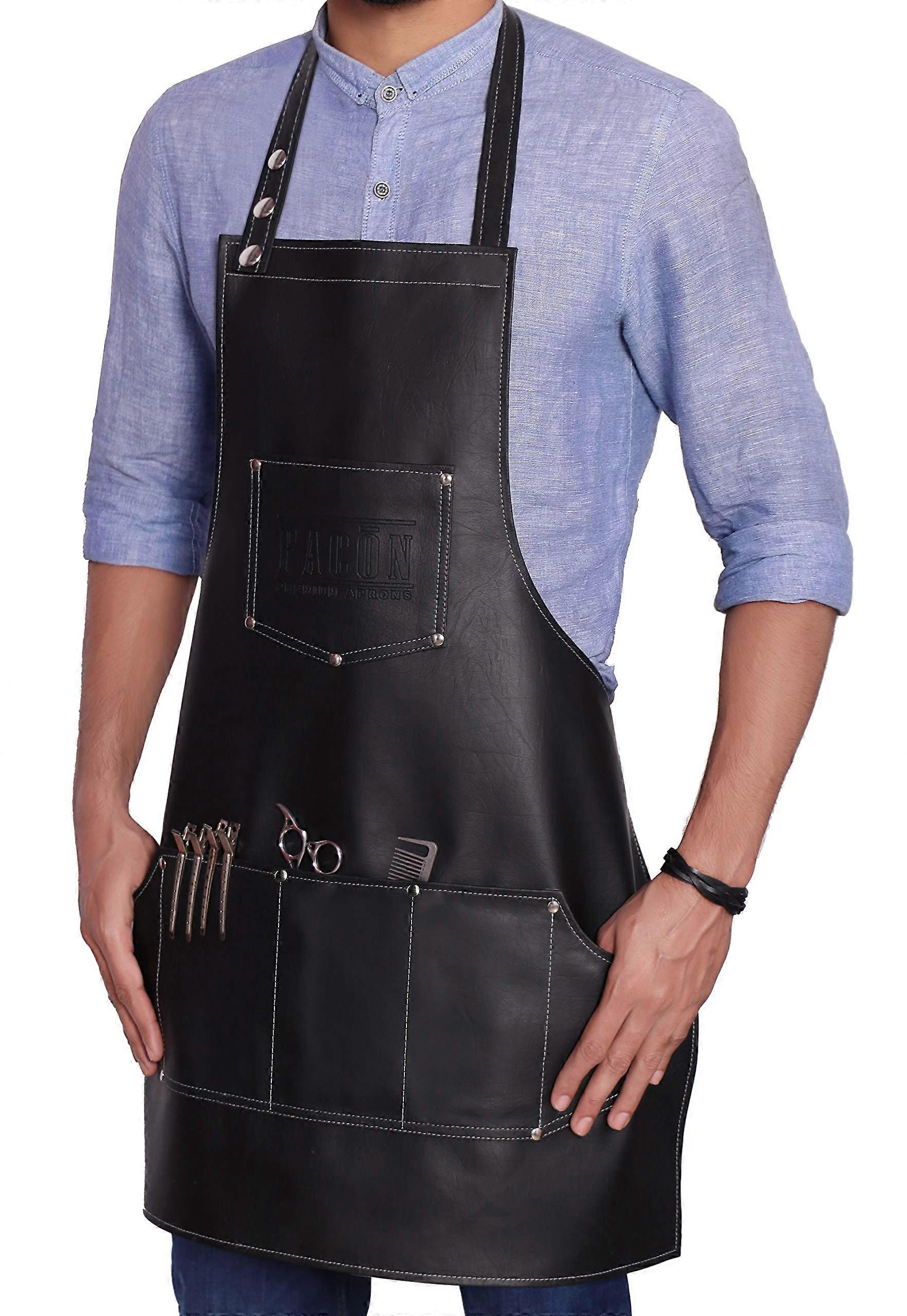 Professional Leather Barber Apron with Pockets for Salon Stylists, Adjustable PU Leather