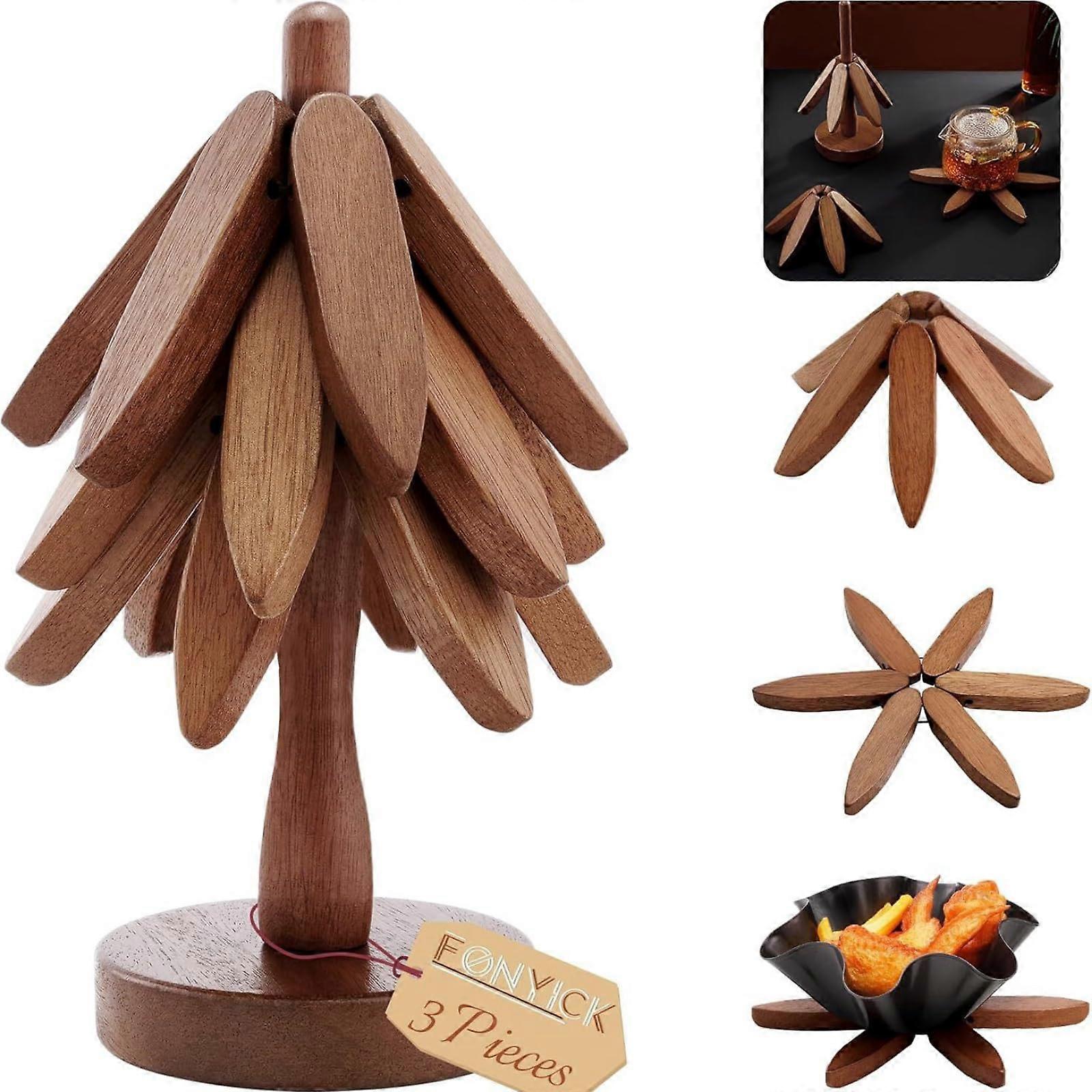 Walnut Wooden Tree Trivets Set with Stand, HeatResistant Decorative Coasters for Kitchen Dining