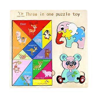 3 in 1 Wooden Tangram Jigsaw Puzzle Toy Educational Creative Geometric Shape Color Cognition Wood Building Blocks Gifts for Kids