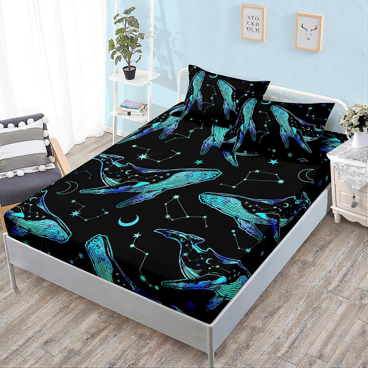 Whale Fitted Sheet Twin with Luminous Constellation Print, Soft Microfiber Kids Bedding Set