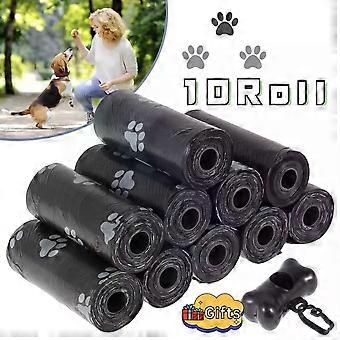 10 X Dog Poo Bag Rolls Black with Paws and Bag Dispenser Poop Bags Biodegradable
