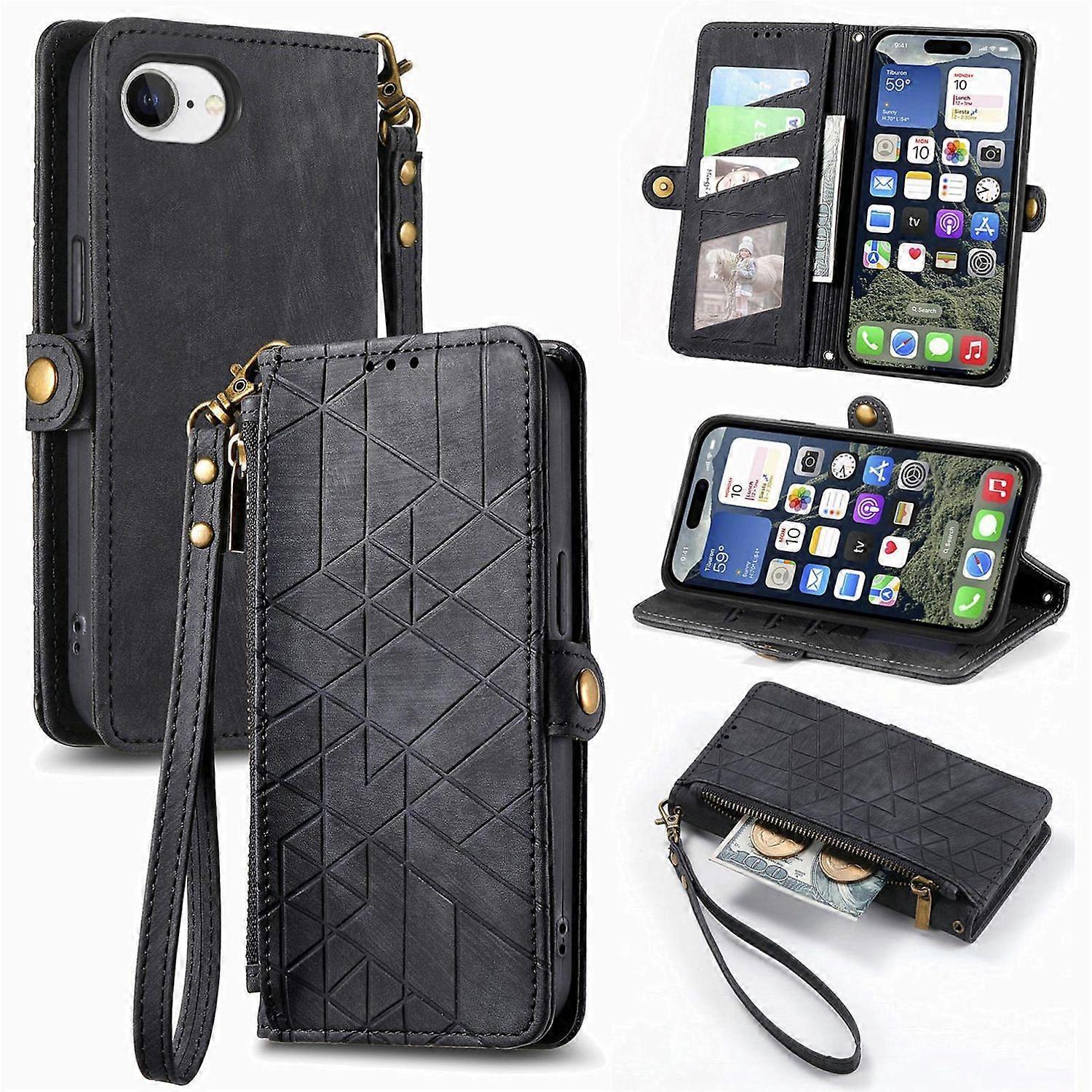 For Apple iPhone 17e / 16e Faux Leather Book Wallet Case with Strap Black