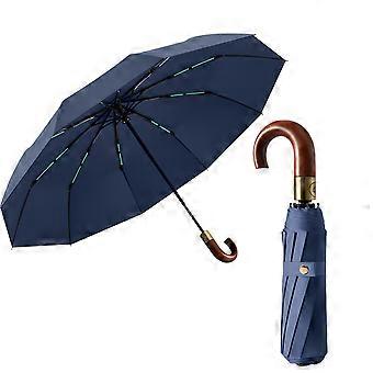 Automatic Windproof Travel Umbrella for Men, Compact Folding 42 Inch with Real Wooden J Handle, UPF 50