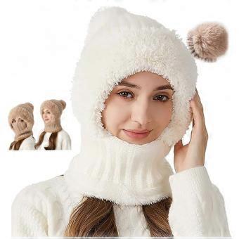 Women's White 3 in 1 Winter Balaclava Beanie Hat with Scarf and Mask, Fleece Lined Warm Windproof Knit