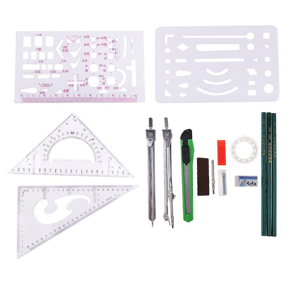 16 Pieces/set Drawing Tools Kit Drafting Template Ruler Pencils Compass Set