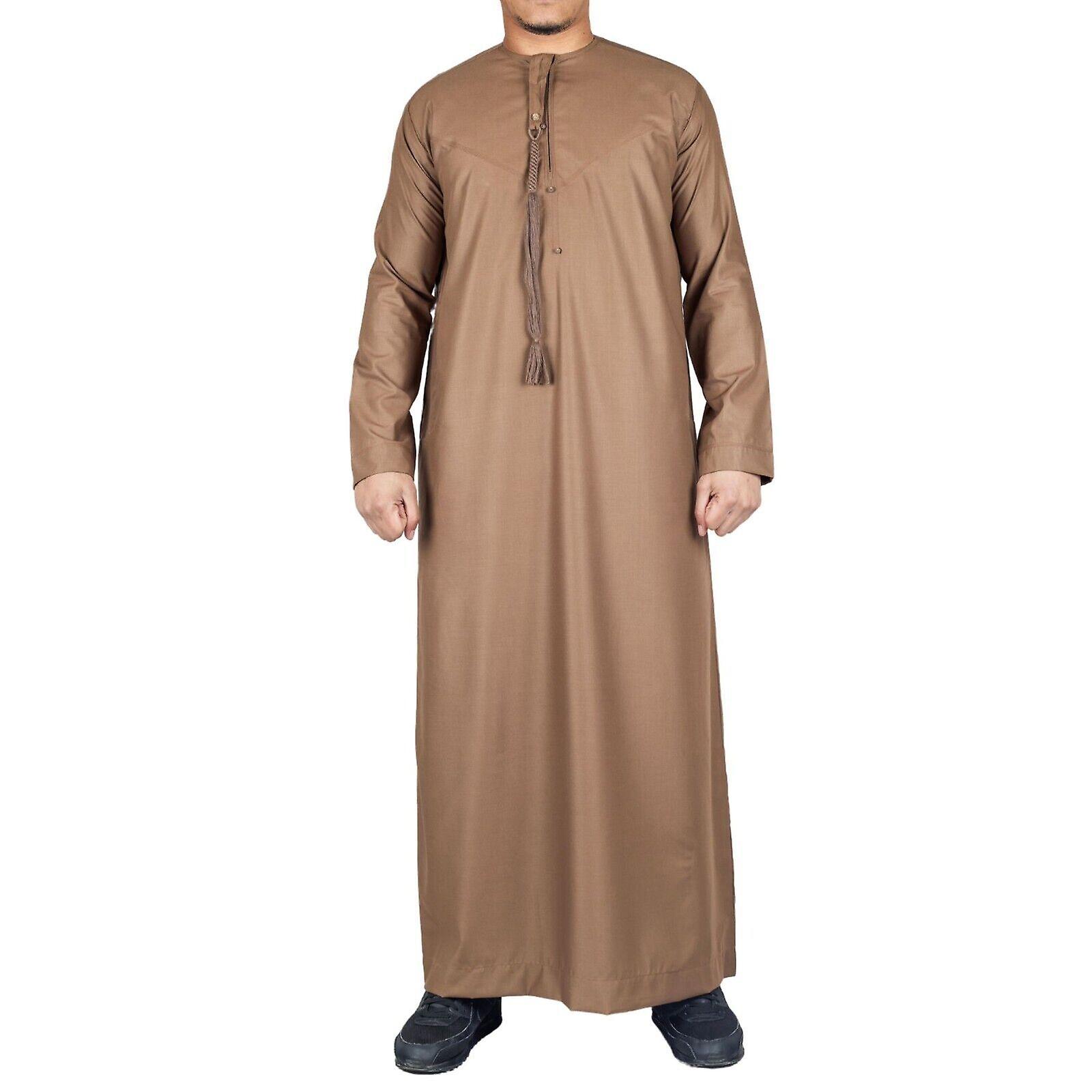 Men's Brown Thobe Emirati Islamic Jubba Robe Eid Tassel Regular Fit