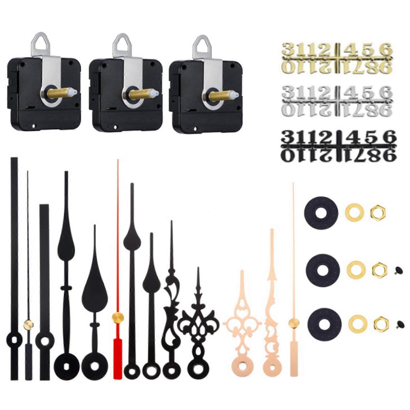 3Pcs Long Shaft Quartz Clock Movement Mechanism with 5 Pairs Hands and Numerals Kit DIY Clock Parts