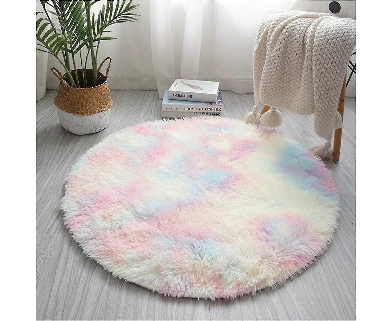 子供の女の子の部屋のための丸いふわふわの敷物、十代の寝室のための23.6インチの毛皮のようなサークルの敷物、ぬいぐるみの毛むくじゃらのカーペットかわいい保育園の敷物 - A