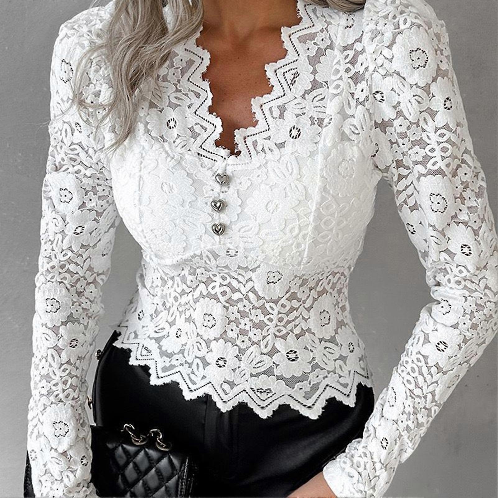 Women\'s Sexy Floral Lace Shirt Elegant Slim Fit Summer Tops