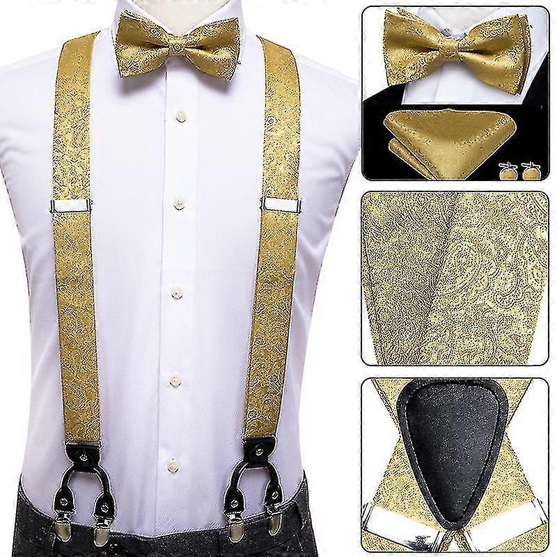 Jacquard Woven Silk Gold Mens Suspender Braces Bow Tie Hanky Cufflinks Set For Men Adjustable Elastic Galluses For Men Bd-3042