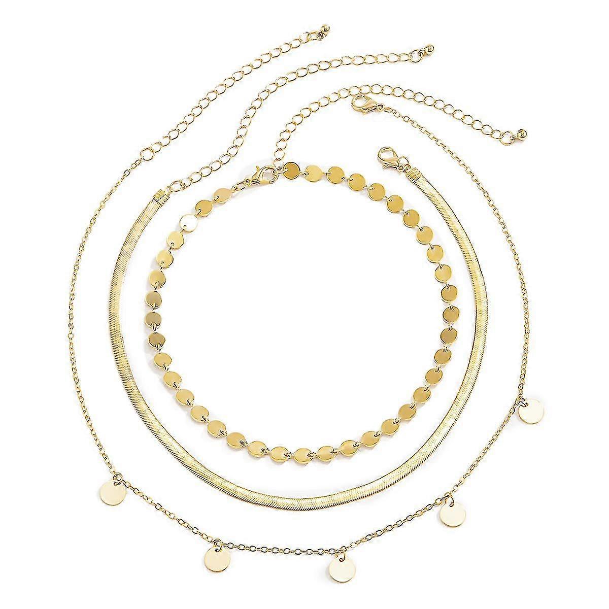 Layered Thin Choker Necklace Sequin Disc Beads Snake Chain Necklace With Pearl Bead Pendant