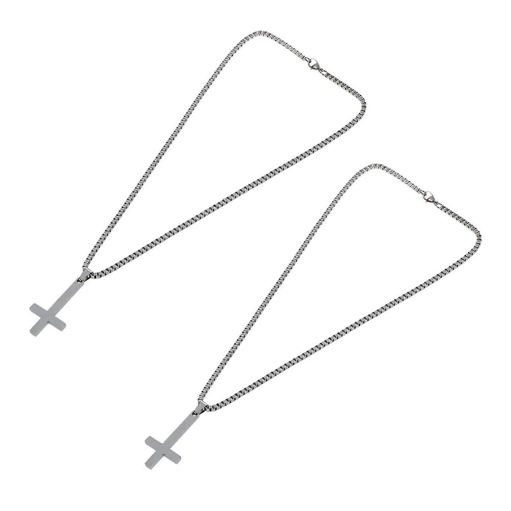 2x Silver Color 316l Stainless Steel Inverted Cross Titanium Steel Pendant Necklace Lucifer Satan