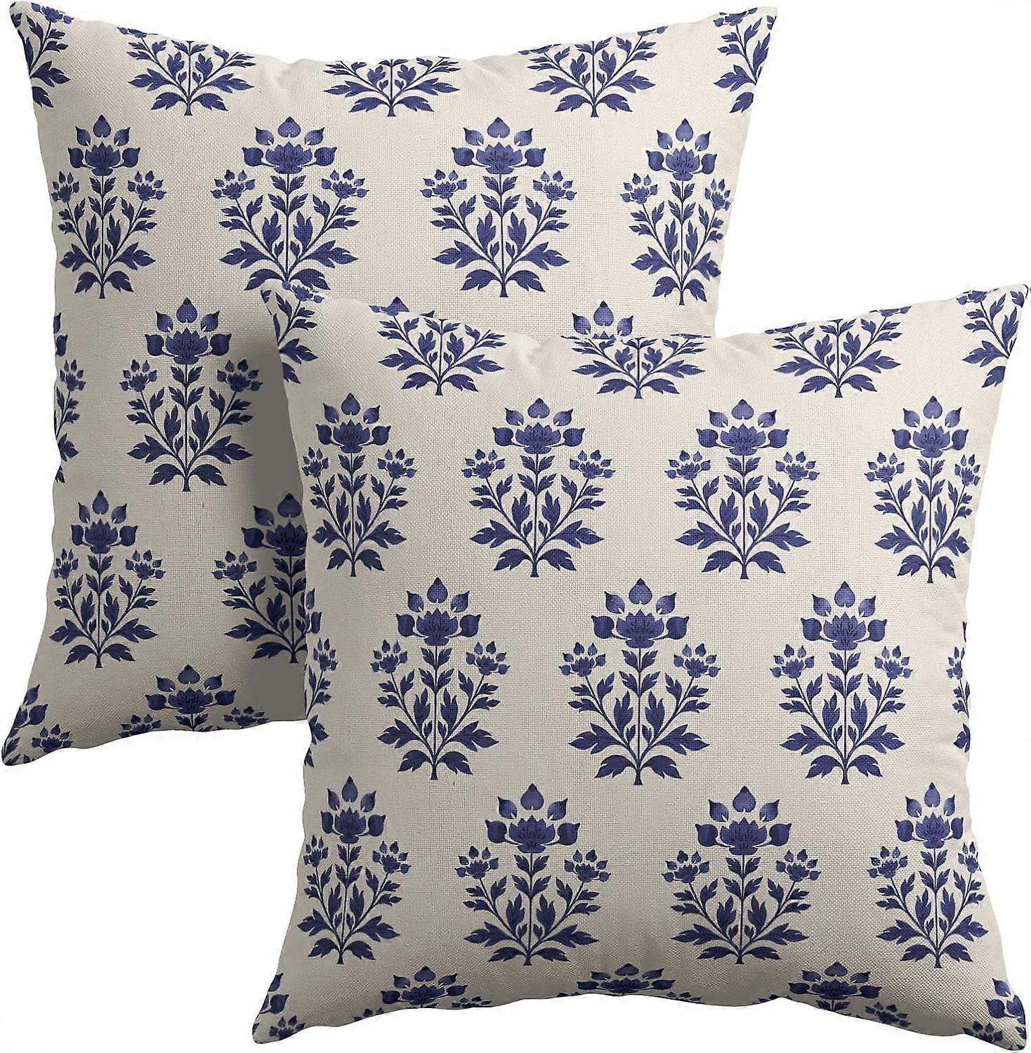 Blue Flower Pillow Covers 18x18 Inches Block Print Blue Vintage Farmhouse Boho Floral Throw Pillow Case Set of 2 Pillow Cover Cotton Linen Cushion Cov