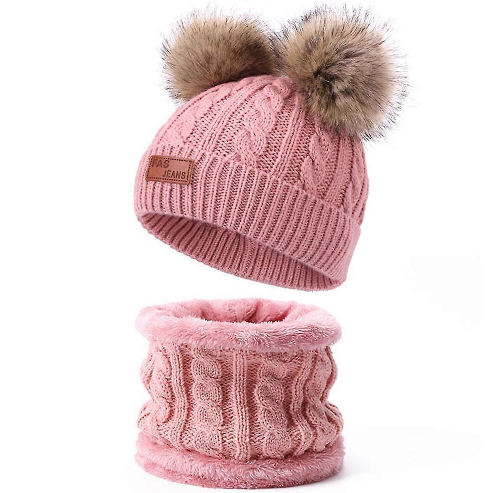 Toddler Wool Scarf and Hat Set Winter Twisted Double Pompom Knitted Hat Pink