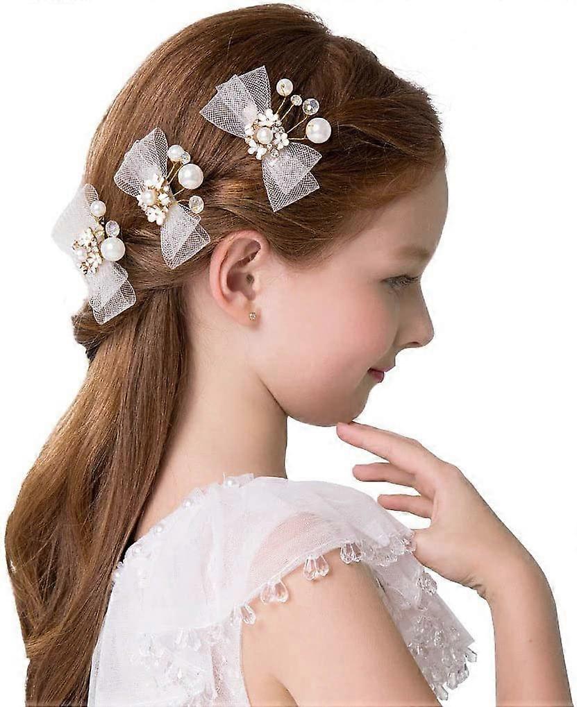 Set of 3 Bow Hair Clips with Gold Flowers and Crystal Beads for First Communion and Bridesmaid