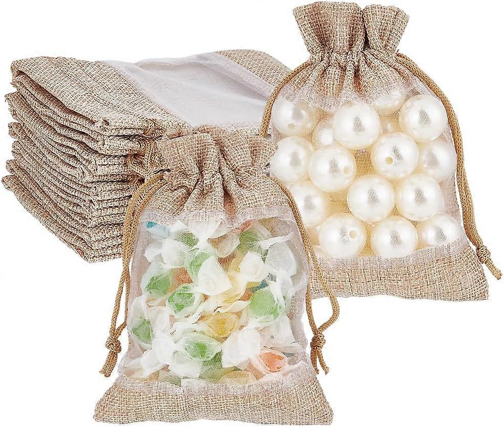 30Pcs Burlap Drawstring Bags 5.5x3.9inch Rectangle Linen Drawstring Pouches with Organza Windows for Party Favors DIY Craft Birthday and Wedding