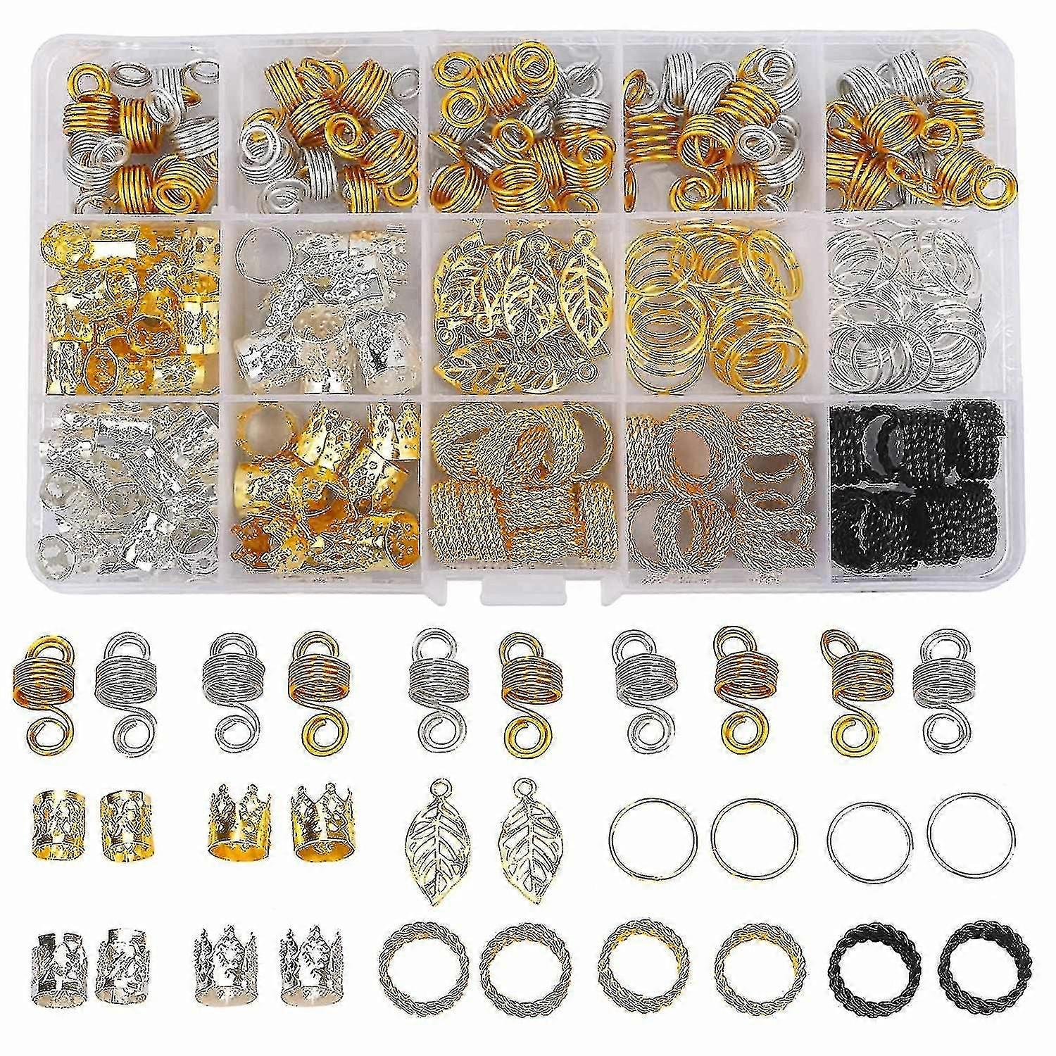 ヘアブレード用200pcsビーズ、女性用ヘアジュエリーブレード、メタルゴールドブレードリングカフクリップ