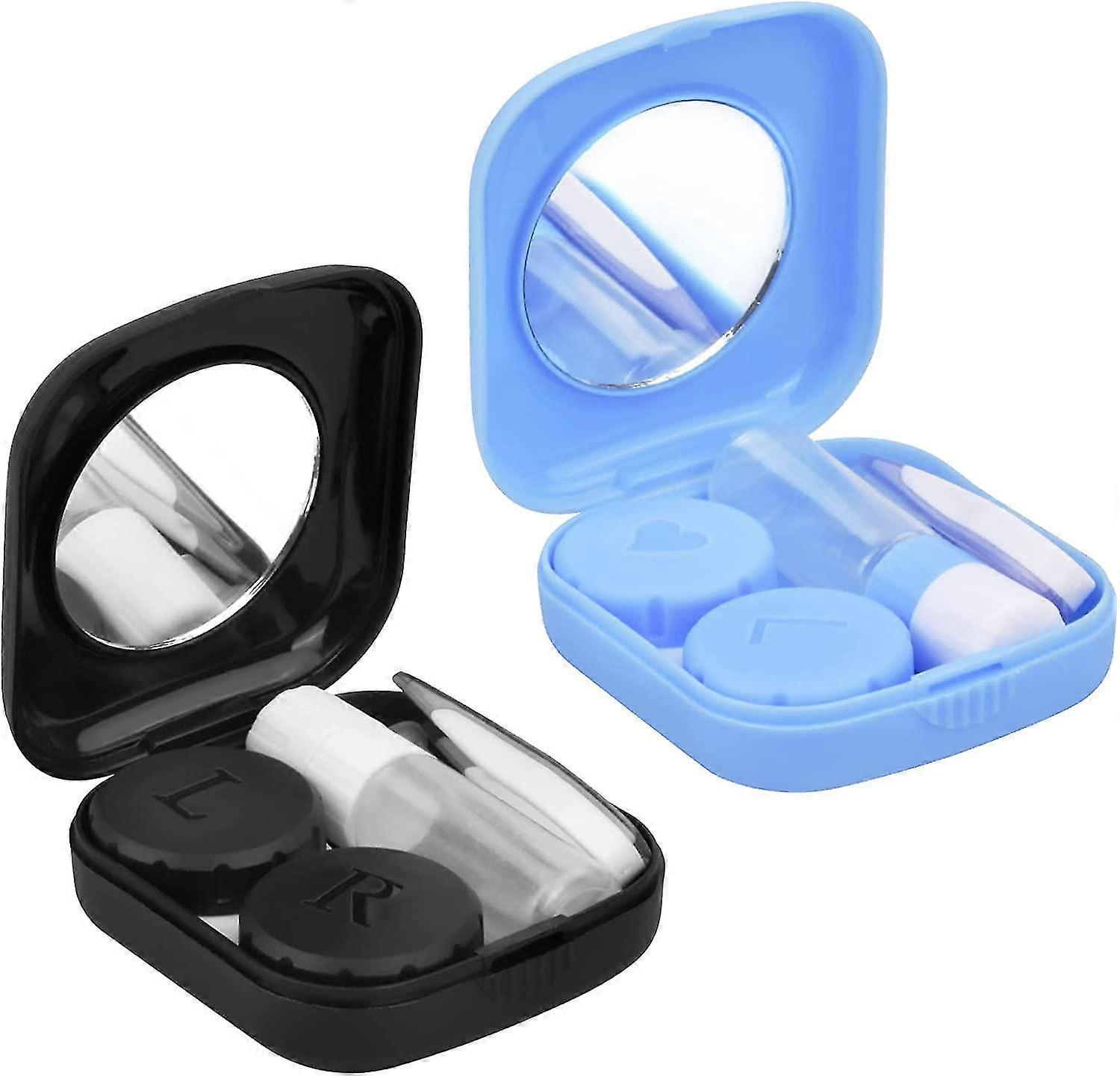 Mini Contact Lens Case,Portable Colorful Travel Kit with Mirror Tweezer Stick BottleBlue+black - ya01