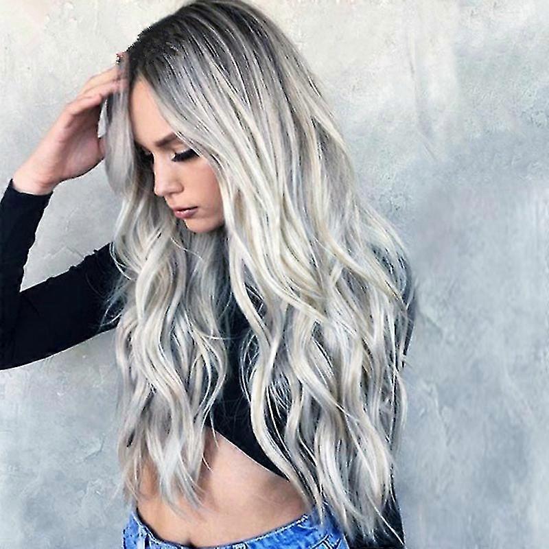 Frauen Ombre Gradient Grau Synthetische Perücke Lange Gewellte Haarperücken