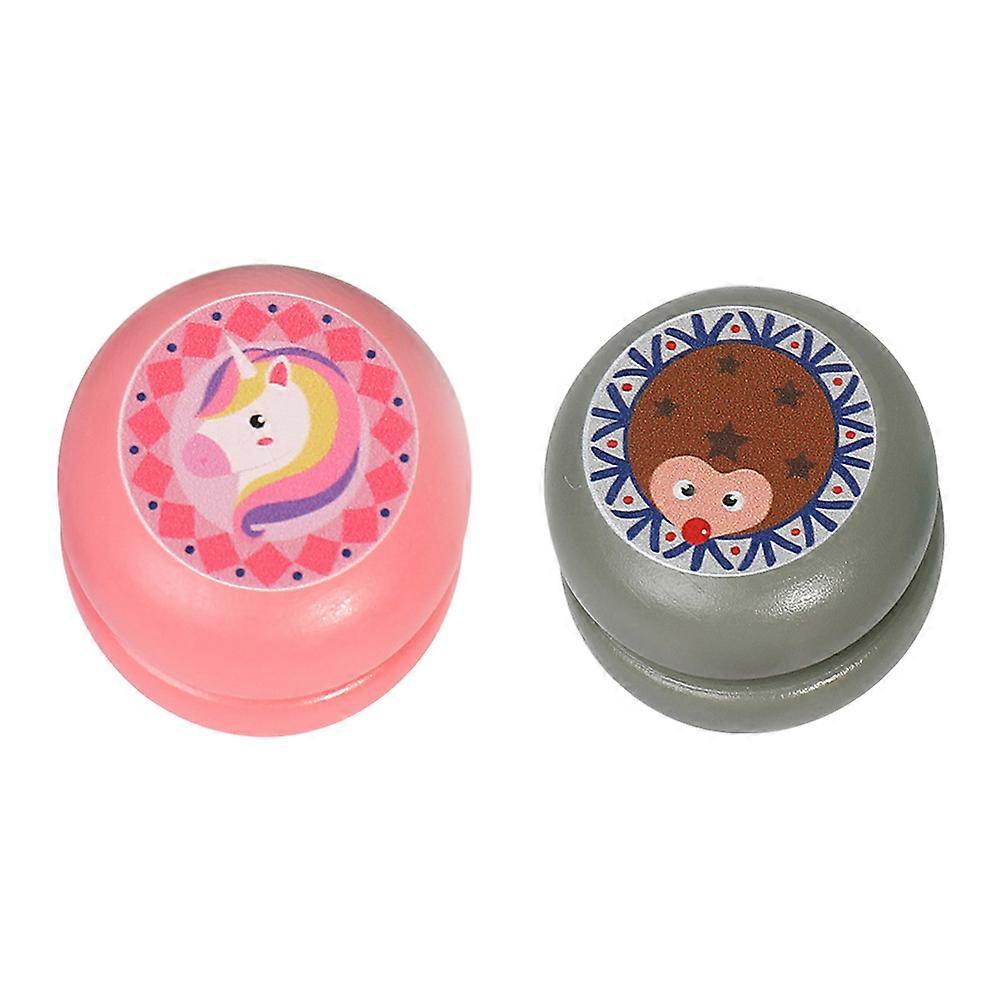 2 יחידות עץ יו-יו צעצועים יפה מצויר דפוס בעלי חיים יויו צעצוע כדור צעצוע לילדים ילדים (קיפוד חד קרן דפוס 1 כל אחד)