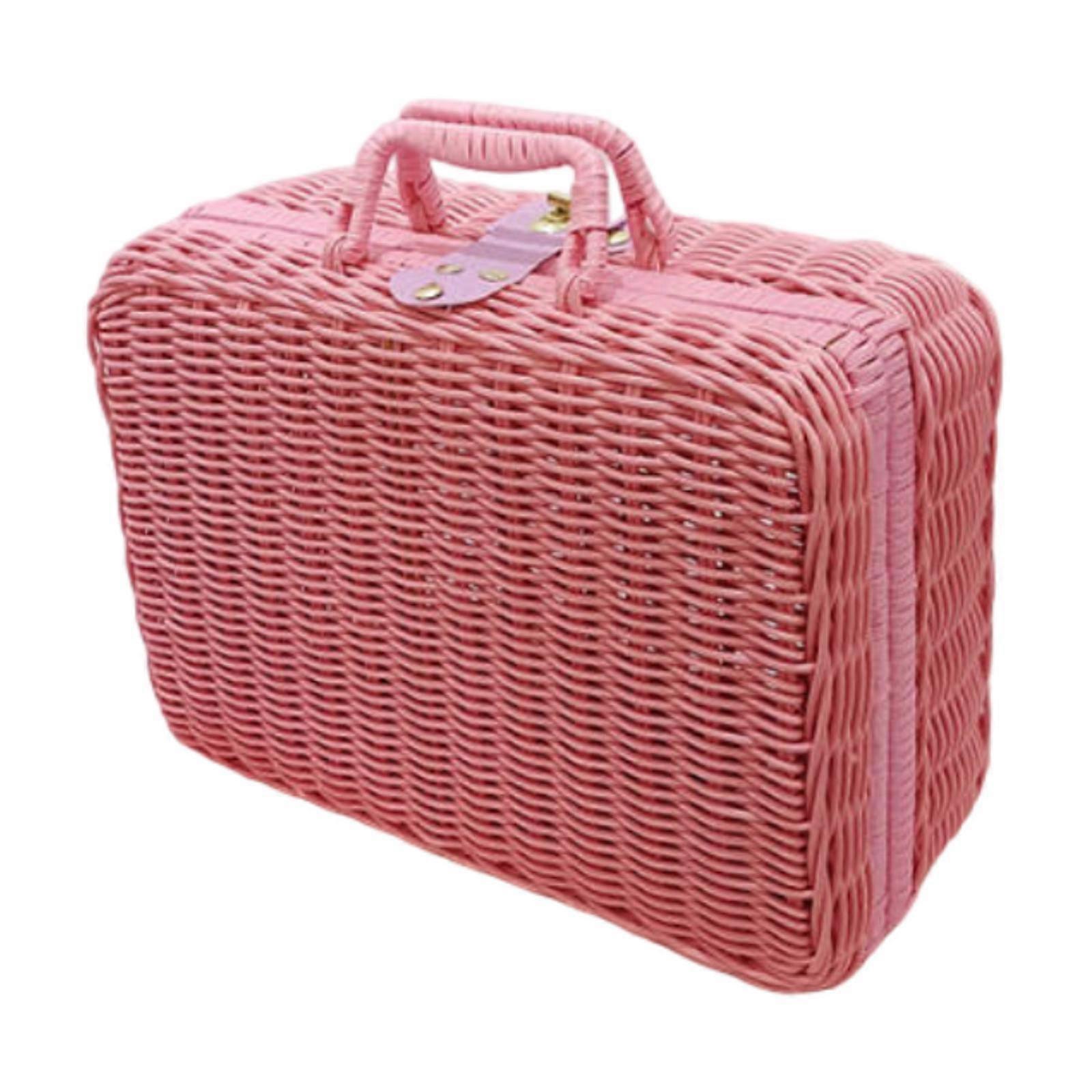 Woven Suitcase with Handle Portable Picnic Suitcase for Home Outings Desktop Pink S