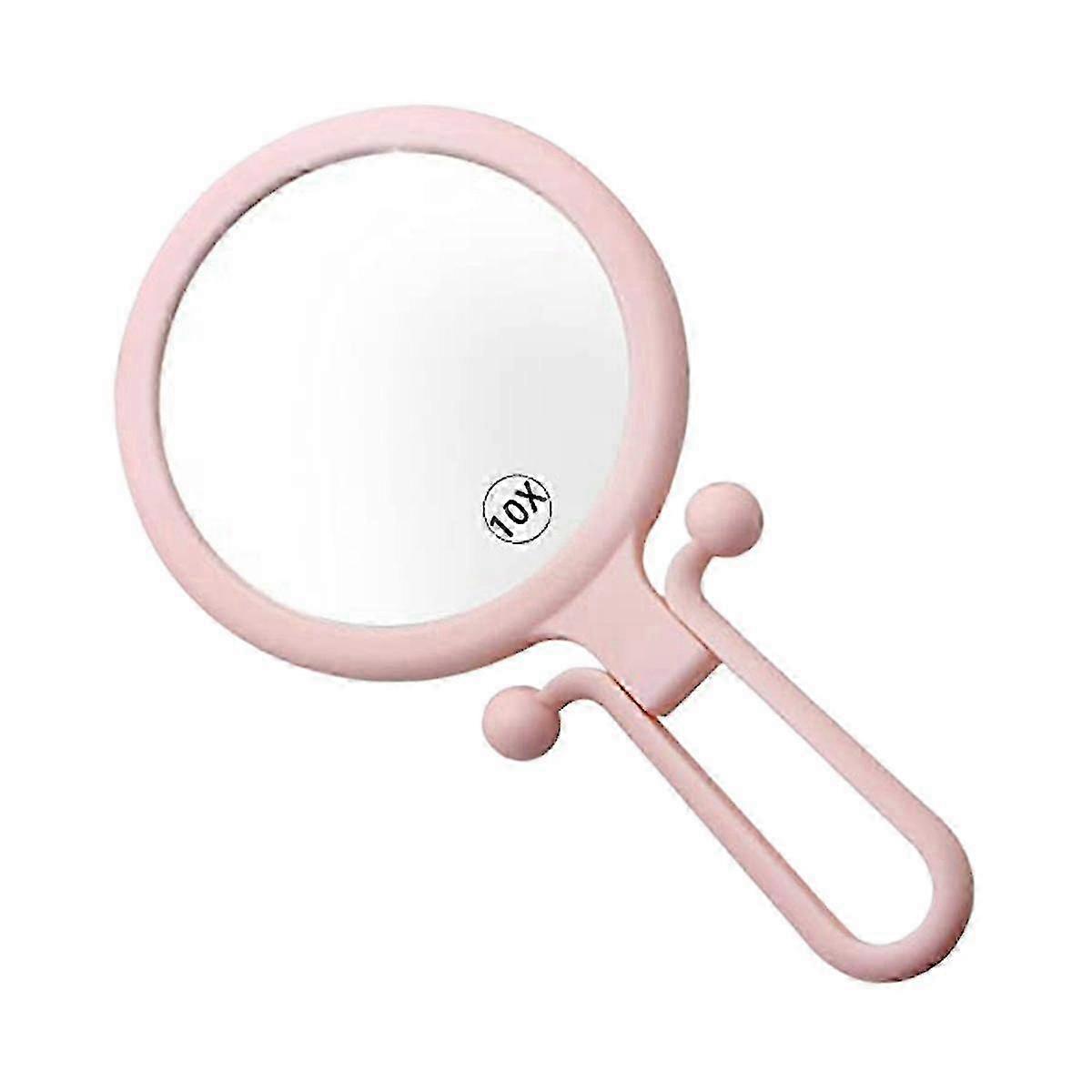 10X Handheld Magnifier, Double Sided Folding Makeup Mirror, Portable Handheld Mirror with Adjustable Handle(Pink)