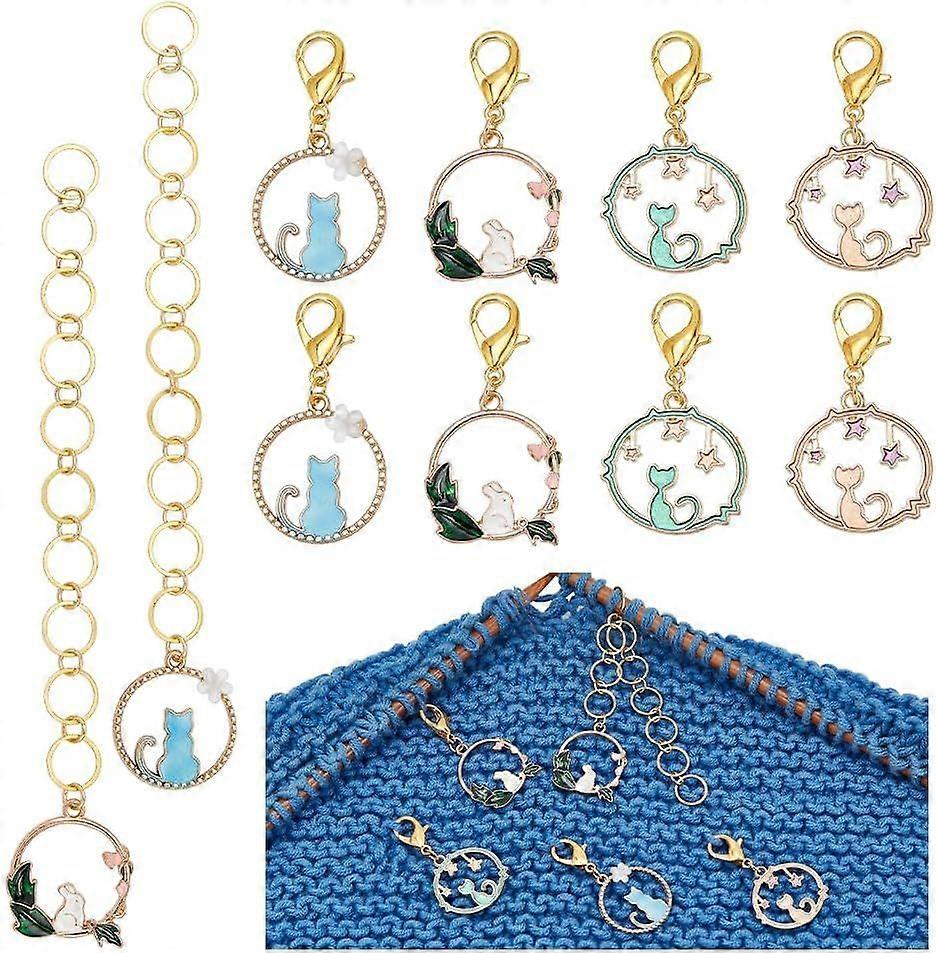 2 Pcs Animal Knitting Row Counter Chains and 8 Pcs Replacement Pendants Cat and Rabbit Alloy Enamel Pendant Row Counting Accessories for Knitting Croc